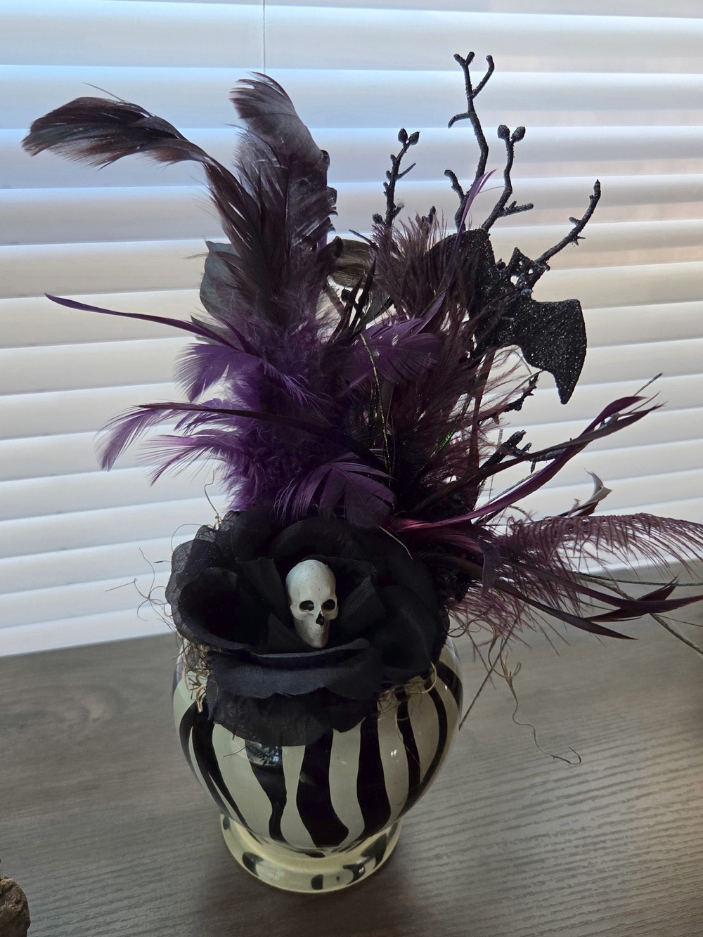OOAK Halloween Skull Bat Peacock Feather Vase Tabletop Decor